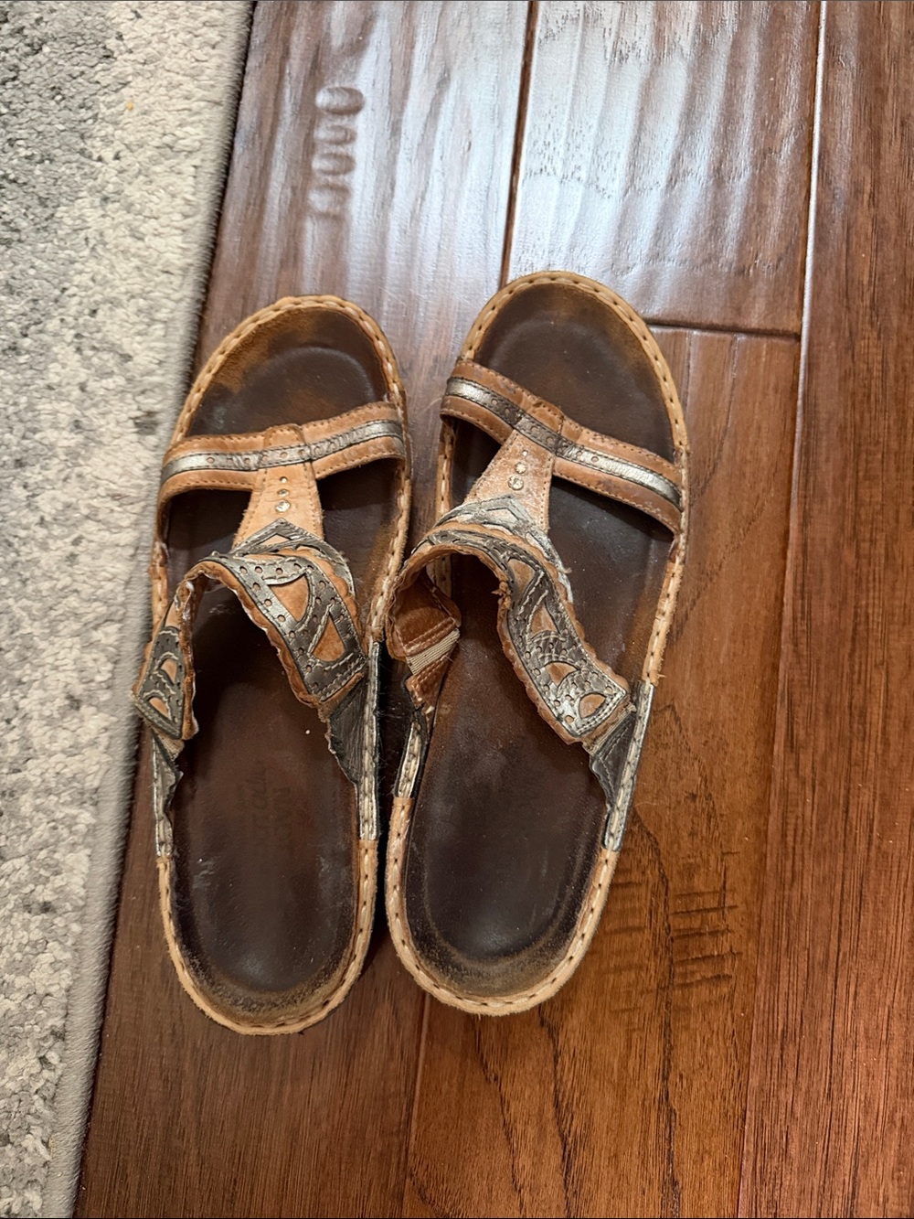 Brown Tan Naot Embroidered Leather Slide Sandals